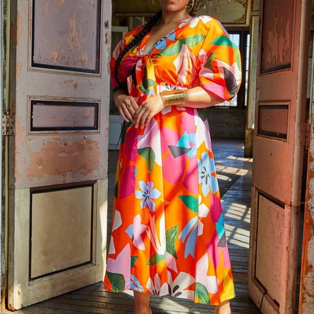 Eloquii Orange Puff Sleeve Colorful Floral Maxi Boardwalk Bloom Dress Size 16 - Picture 5 of 8